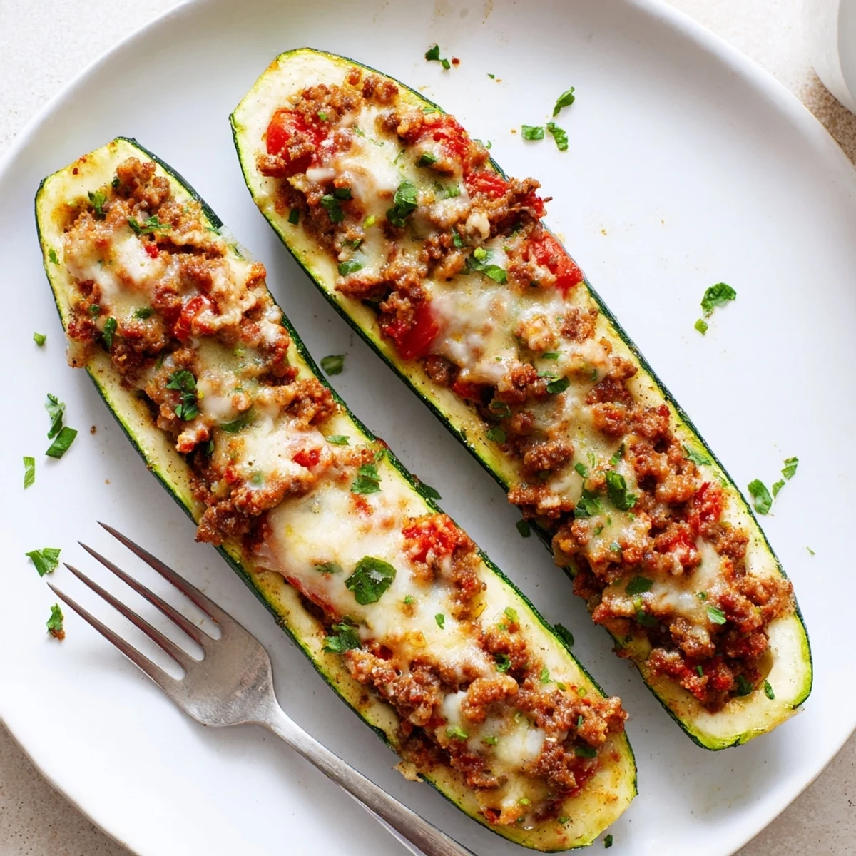 Hearty stuffed zucchini boats with ground beef garnished with parsley on a plate
