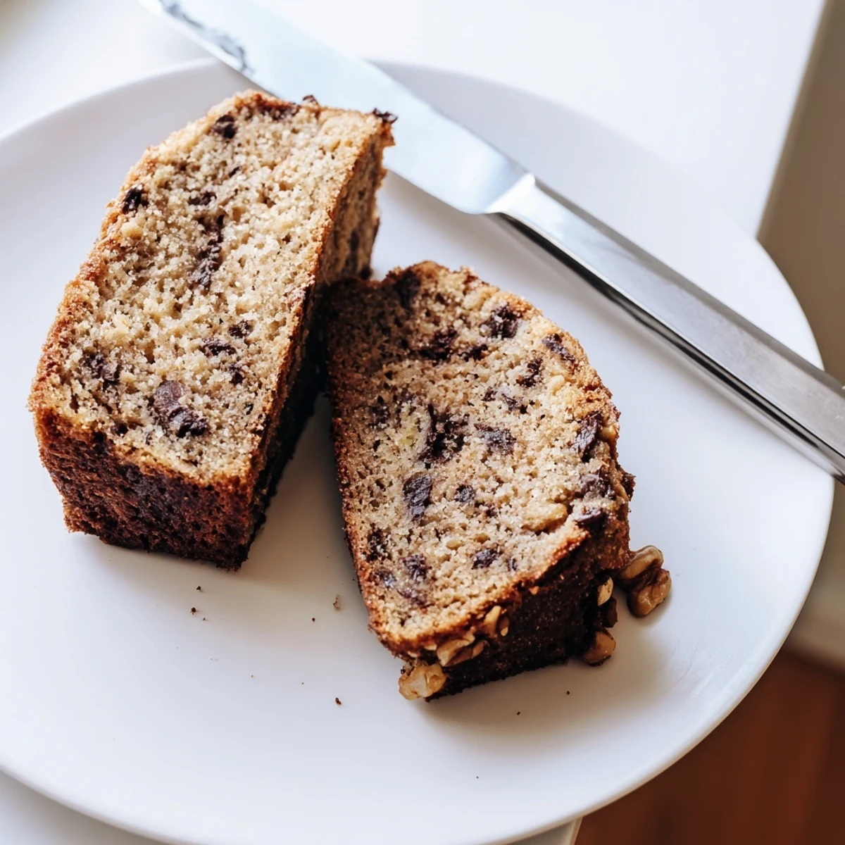 Golden slices of moist banana bread with visible banana flecks on a rustic cutting board
