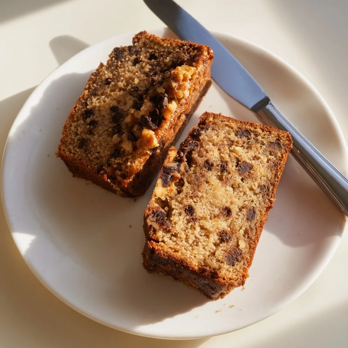 Thick slice of super moist banana bread served alongside fresh bananas and melting butter