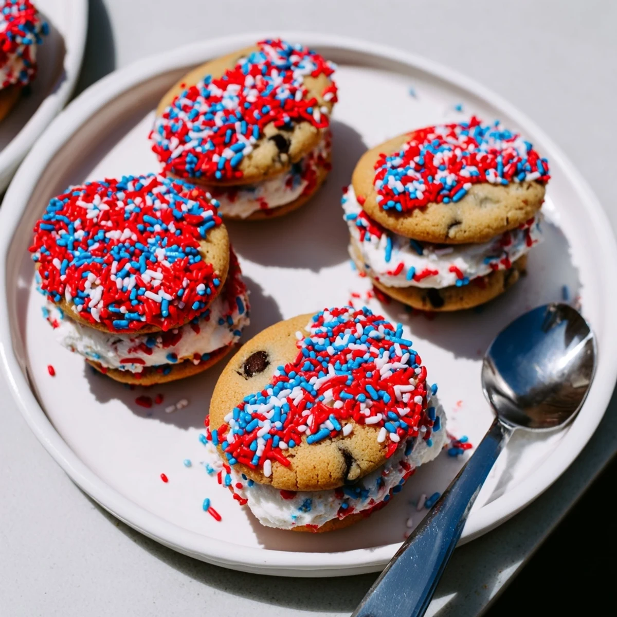 Colorful patriotic mini ice cream sandwiches coated in red white and blue sprinkles on a summer dessert table