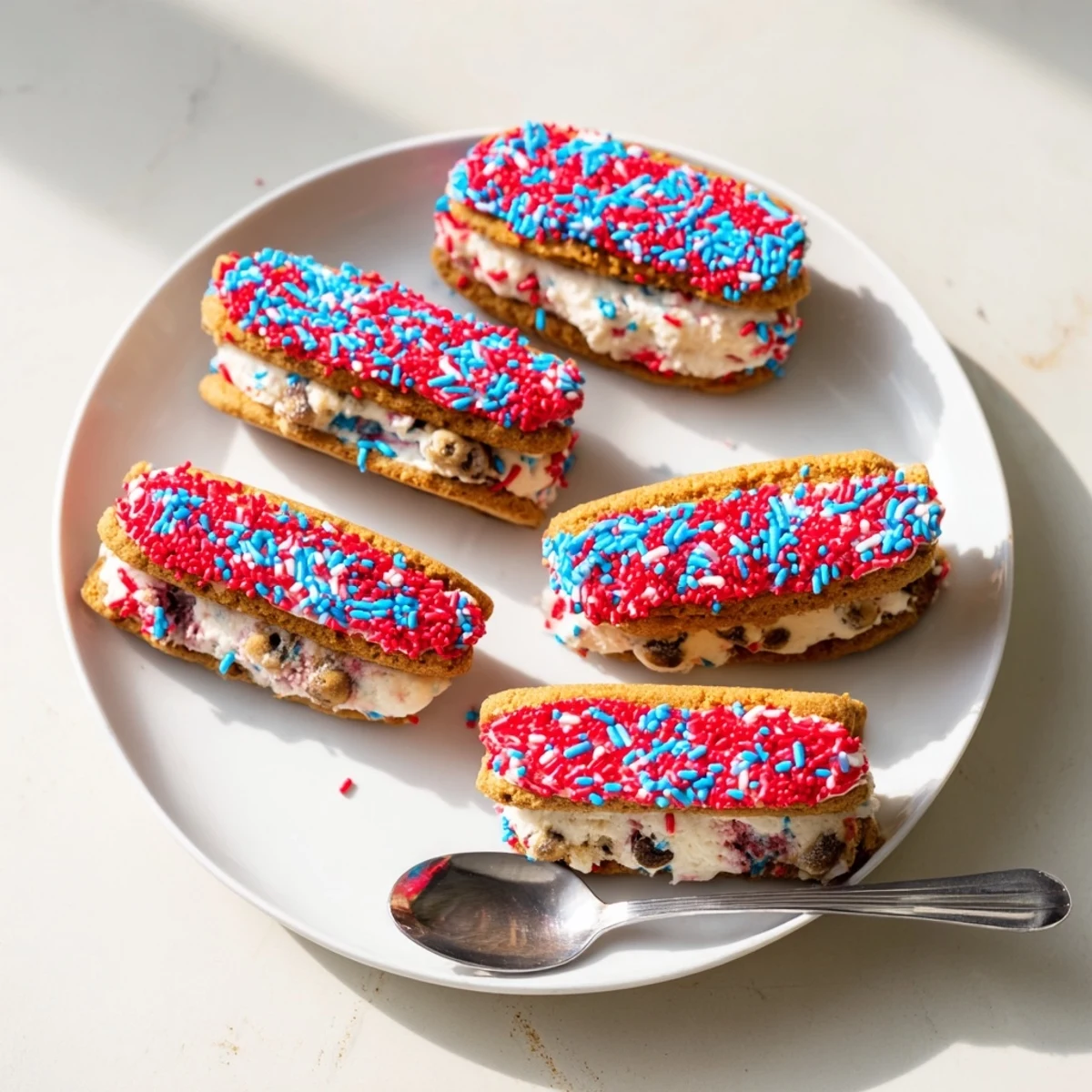 Bite-sized patriotic mini ice cream sandwiches with vanilla filling rolled in festive sprinkles for Fourth of July