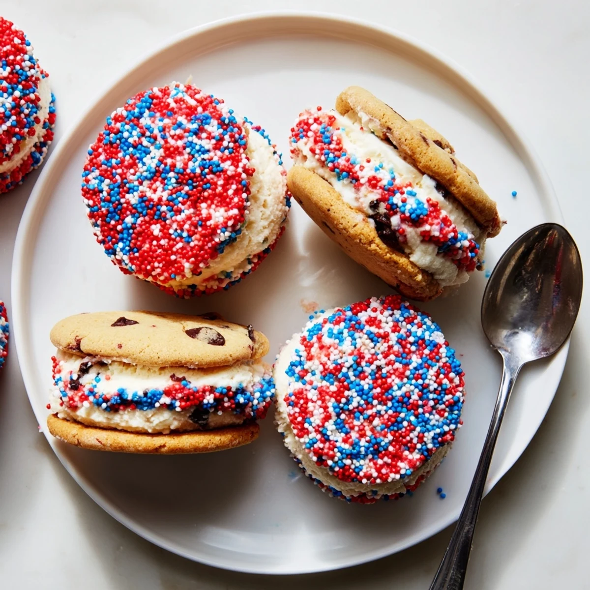 Chewy cookies sandwiching creamy vanilla ice cream in these patriotic mini ice cream sandwiches with colorful sprinkles
