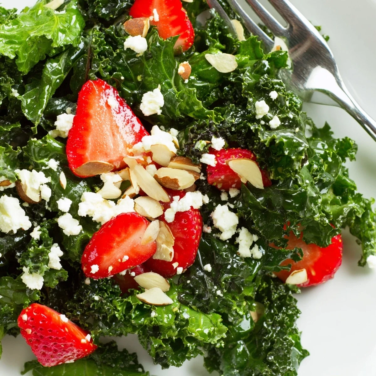 A generous portion of summer kale salad with blueberries, cucumber, and crunchy almond slices