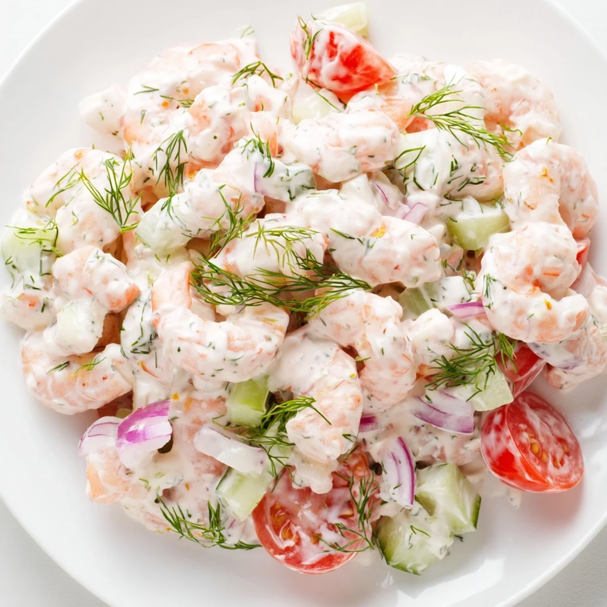 Chilled shrimp salad recipe with pink shrimp, crisp celery, and creamy lemon dressing served on greens.