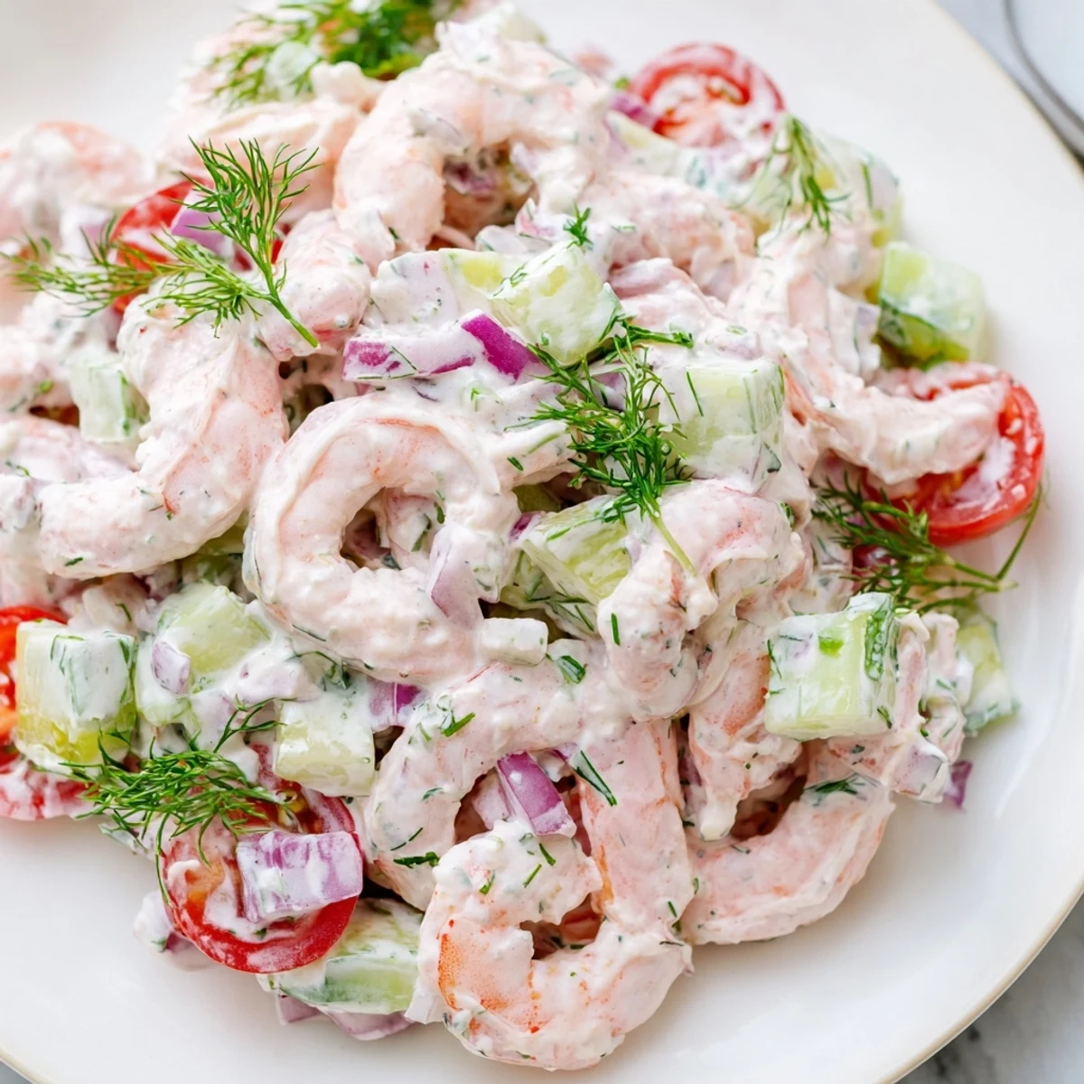Glossy shrimp salad recipe tossed with diced cucumber and red onion on a summer platter.