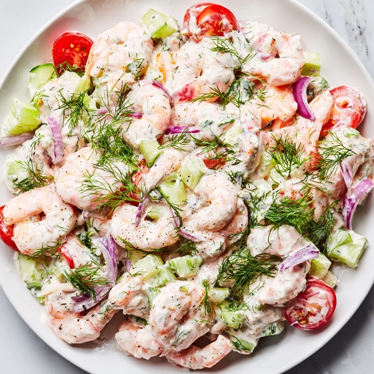A refreshing shrimp salad recipe in a white bowl with cherry tomatoes and fresh dill garnish.