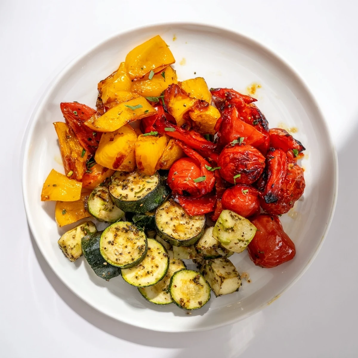 Golden, caramelized classic Mediterranean roasted vegetables on a rustic serving platter