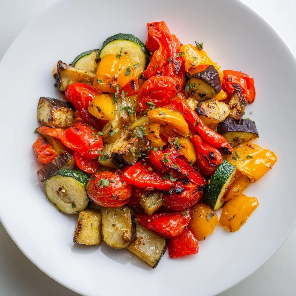 Colorful classic Mediterranean roasted vegetables fresh from a hot parchment-lined baking sheet