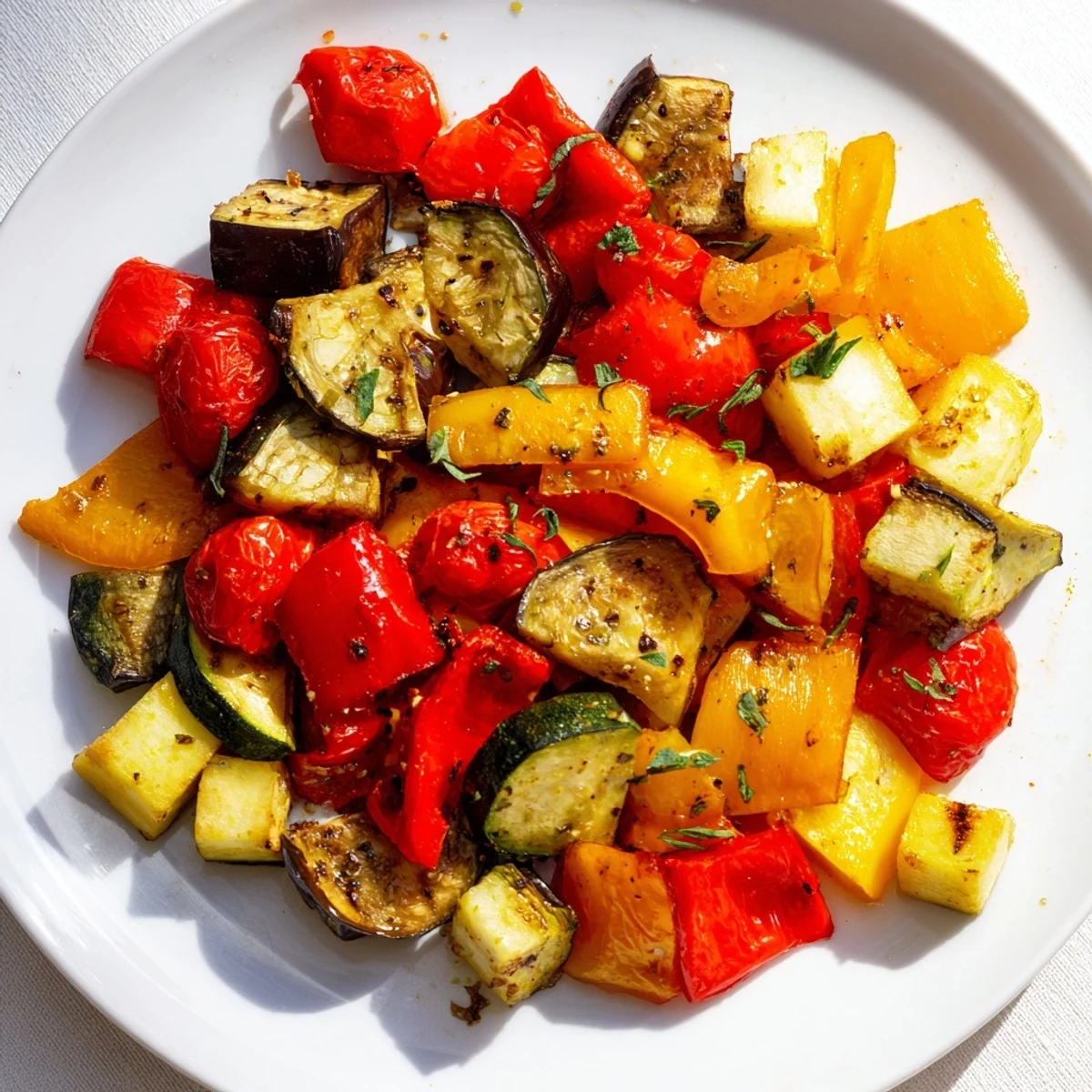 Classic Mediterranean roasted vegetables garnished with basil alongside a bowl of quinoa