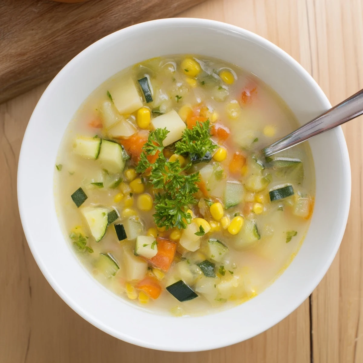 Steaming bowl of hearty potato corn zucchini soup garnished with fresh parsley.