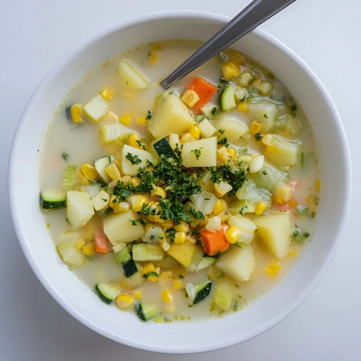 Golden corn and tender potato chunks swimming in a creamy zucchini soup.