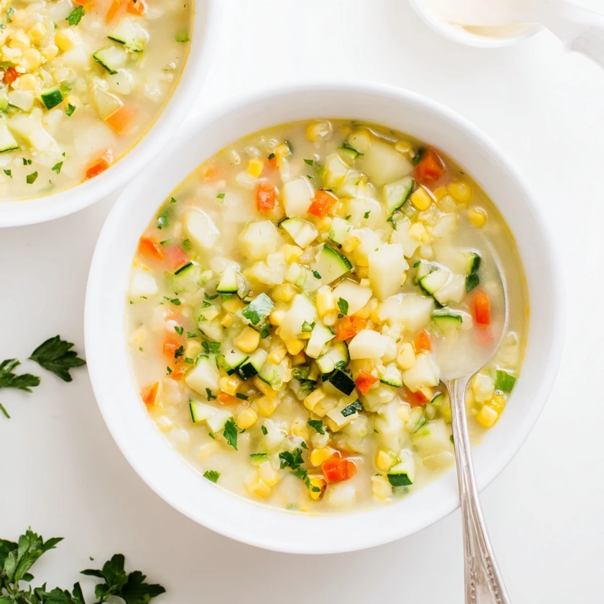 A rustic bowl of hearty potato corn zucchini soup served with crusty bread.