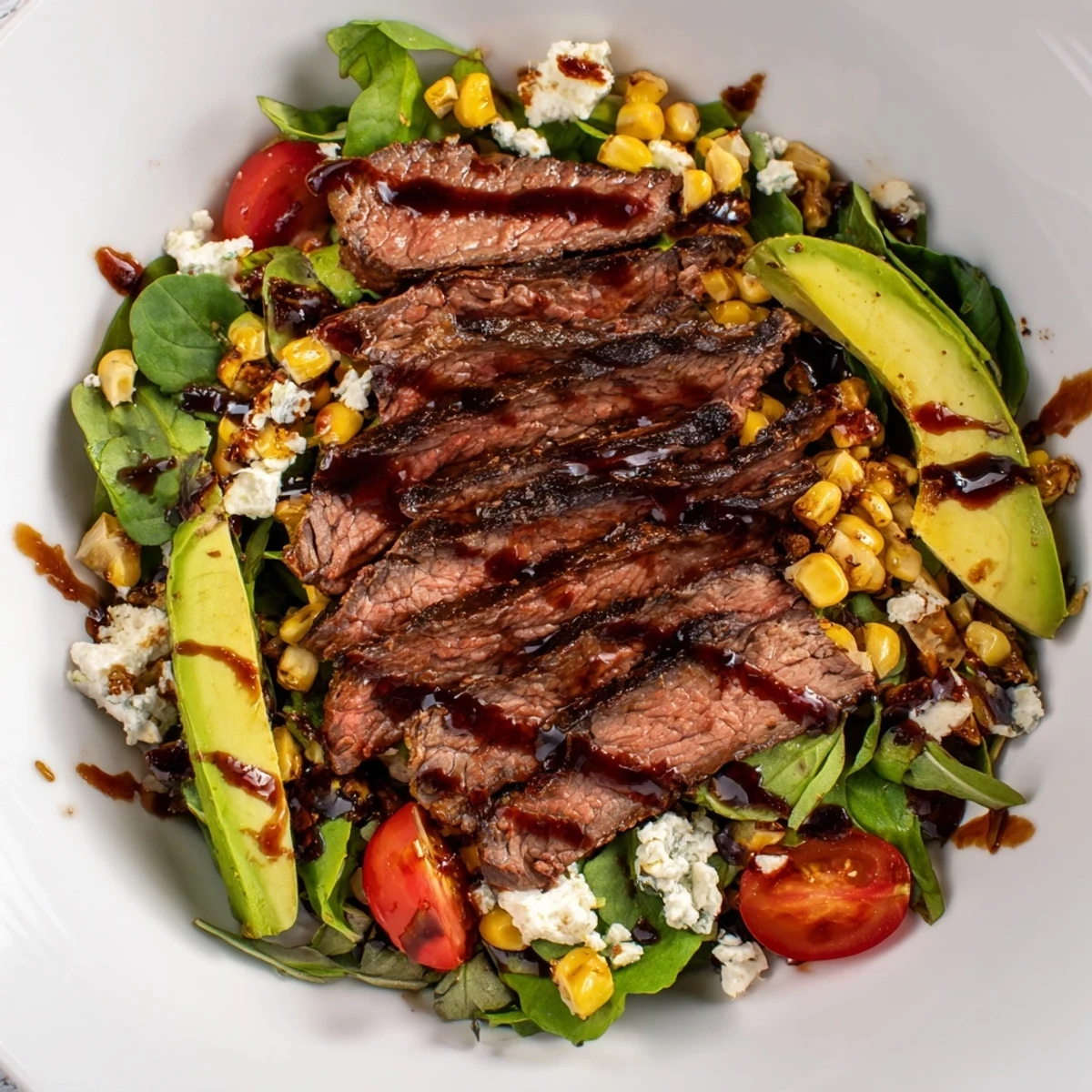 Sliced balsamic steak draped over crisp greens with grilled corn and crumbled Gorgonzola