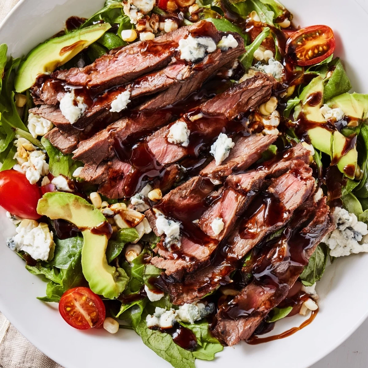 Balsamic steak Gorgonzola salad with grilled corn, creamy avocado, and cherry tomatoes on a platter