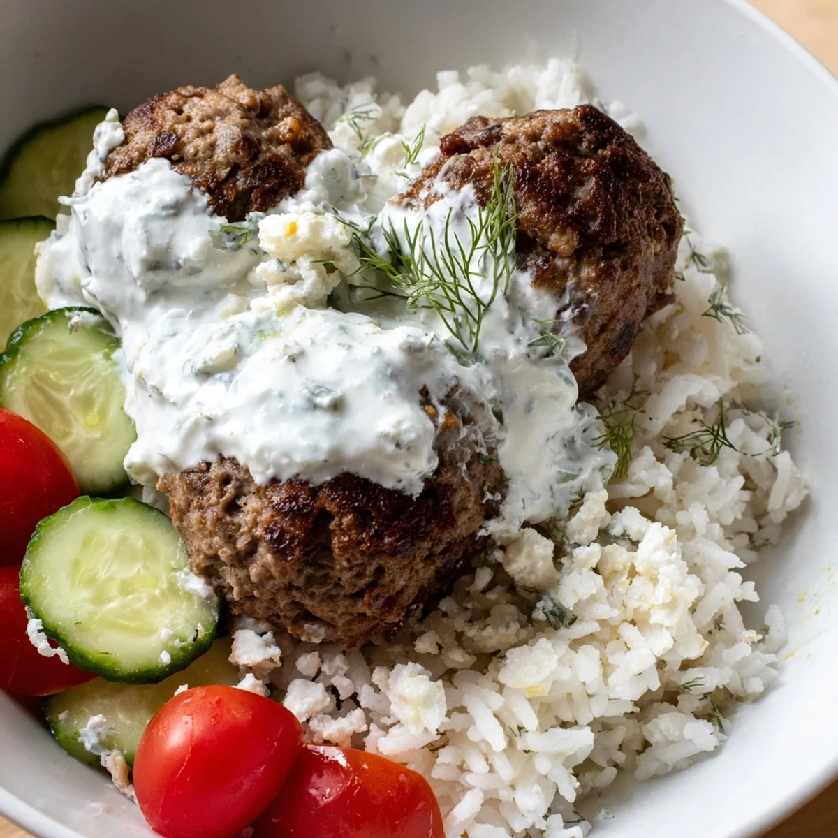 Golden brown Greek meatball bowl topped with creamy tzatziki and crumbled feta