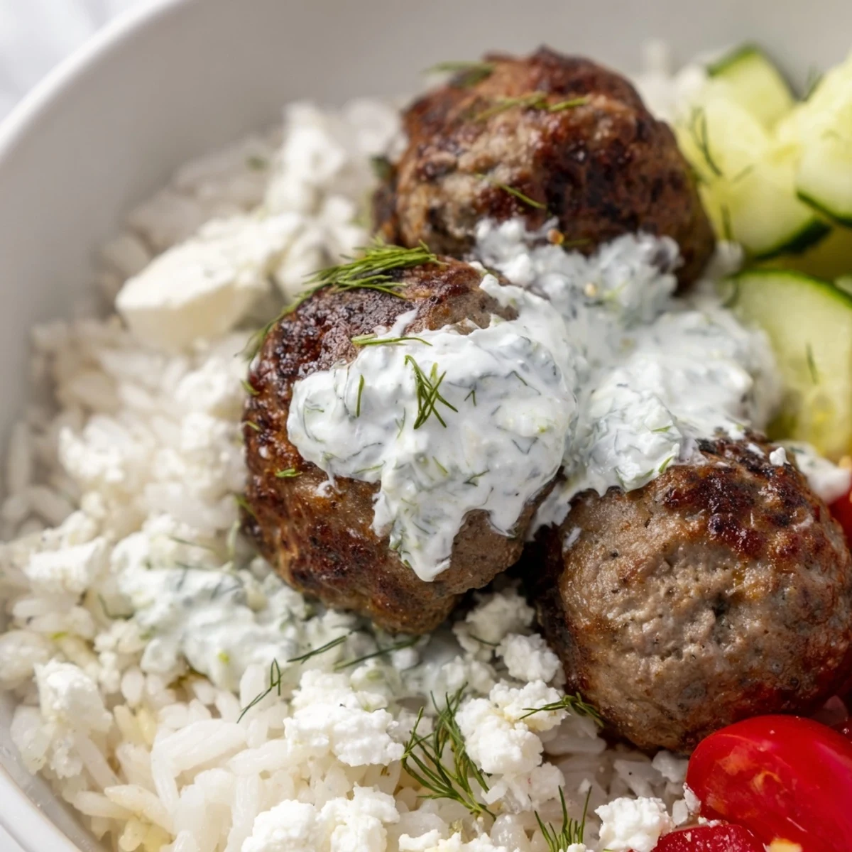 Juicy herb-spiced Greek meatball bowl served over rice with crisp cherry tomatoes