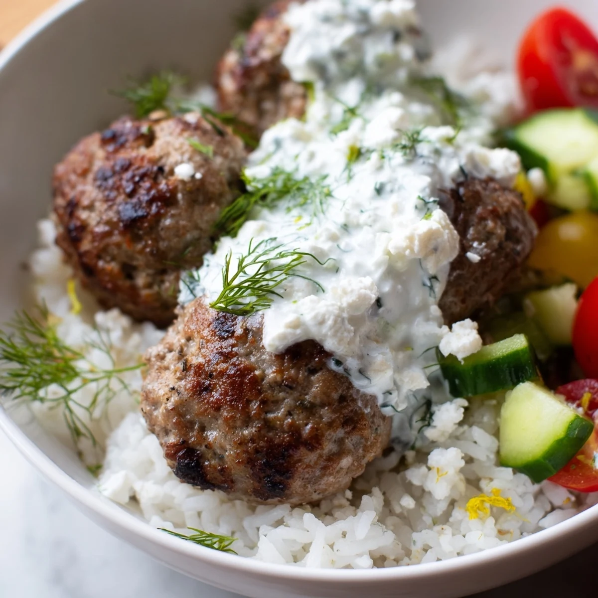 Greek meatball bowl drizzled with cool tzatziki alongside Kalamata olives and lemon