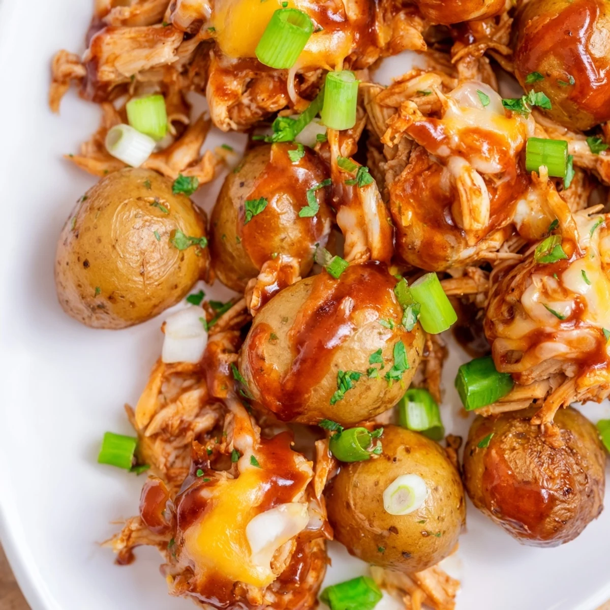 Golden roasted baby potatoes layered with honey BBQ chicken and melted cheddar cheese