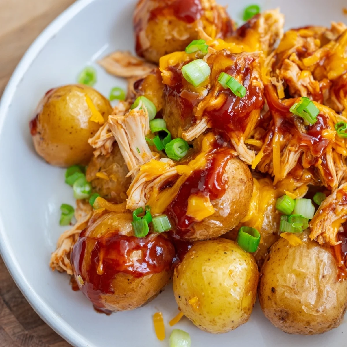 Sliced honey BBQ chicken over crispy potatoes topped with fresh parsley and cheddar