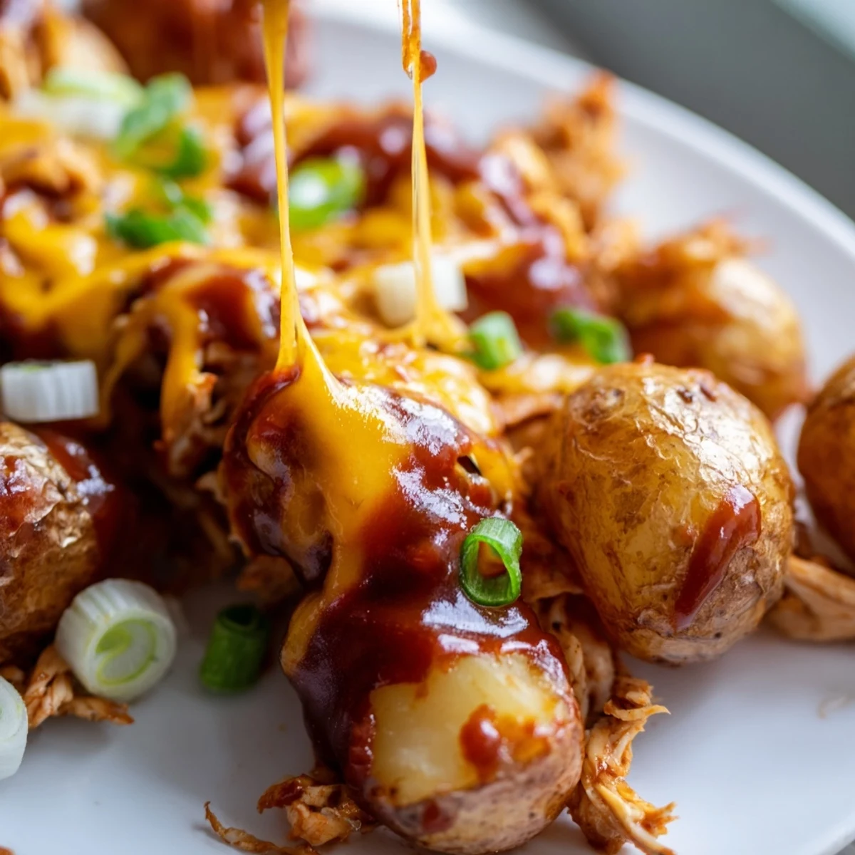 Hearty honey BBQ chicken and potatoes bubbling with melted cheese and green onions