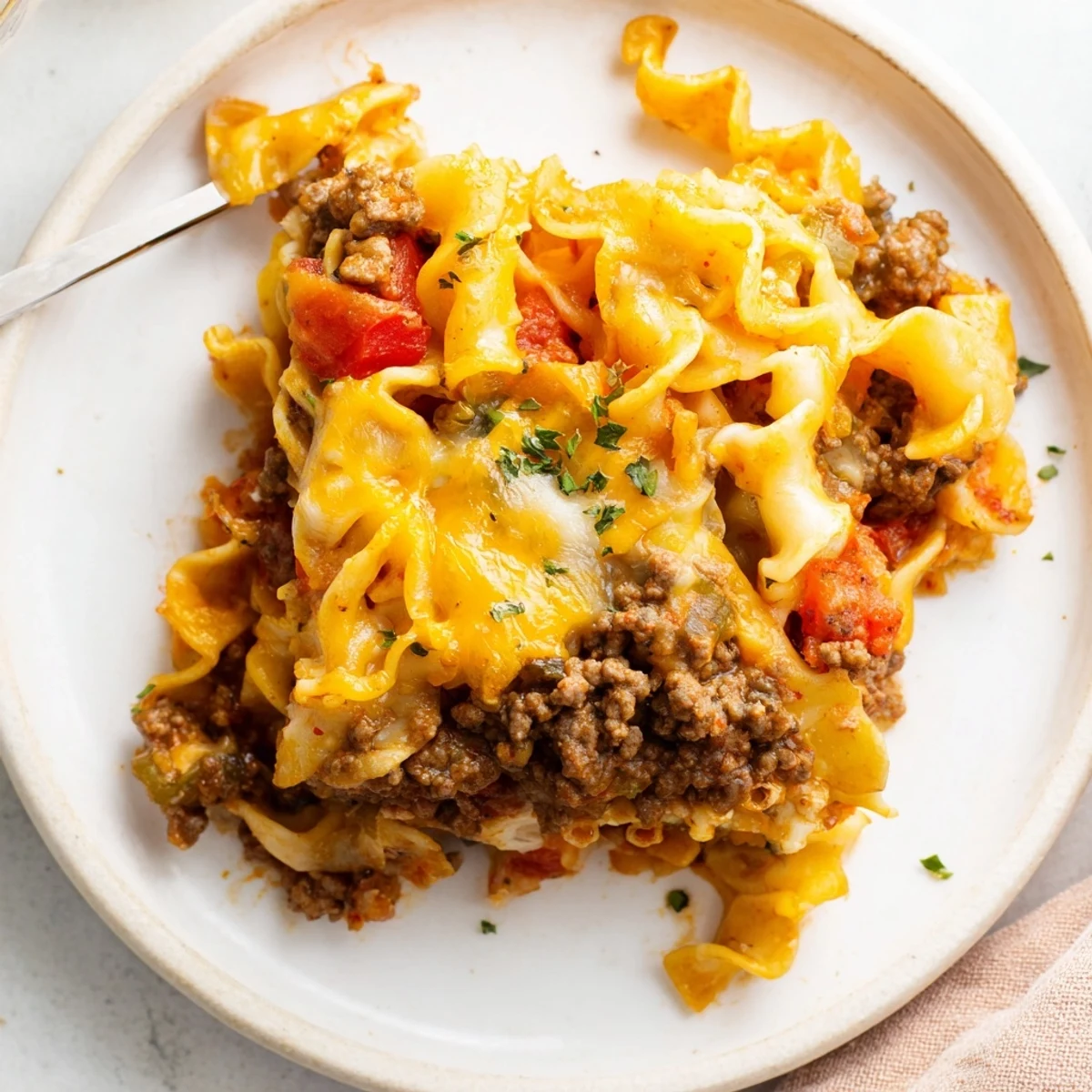 Baked Beef Noodle Casserole in a golden pan, tender beef and noodles