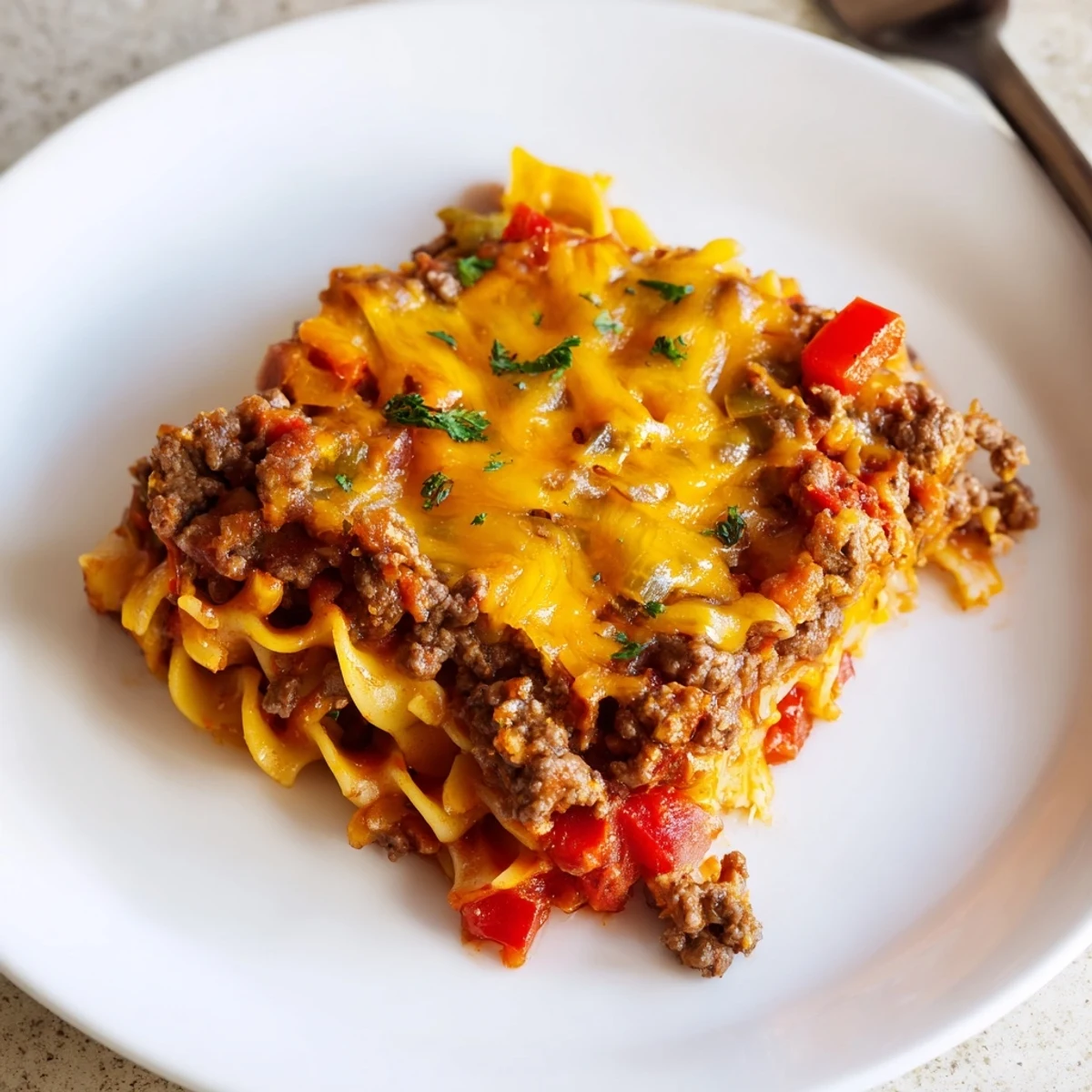 Beef Noodle Casserole bubbling with melted cheddar, hearty aroma, ready to serve