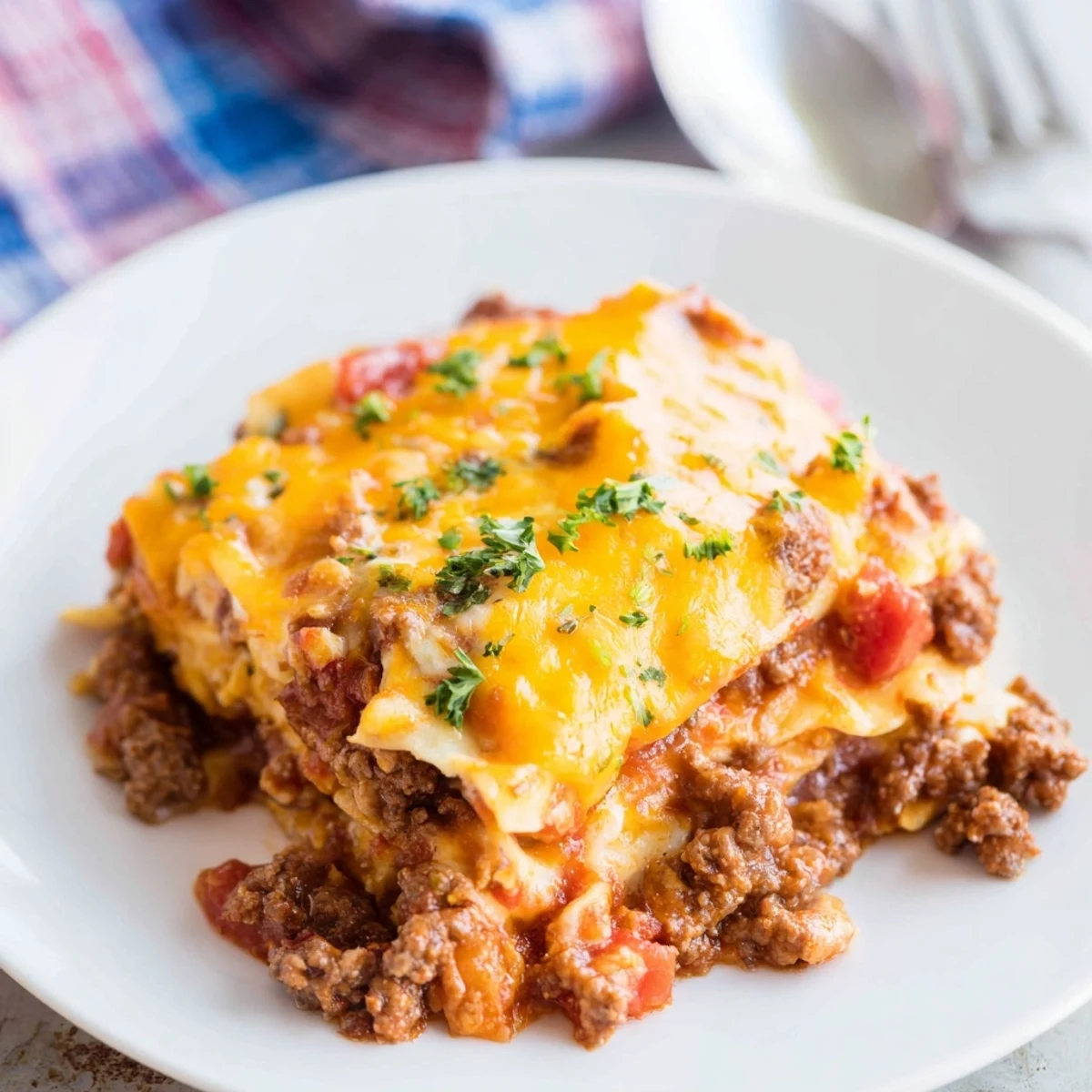 Family-style Beef Noodle Casserole photographed steaming, tomato sauce glistening, parsley garnish