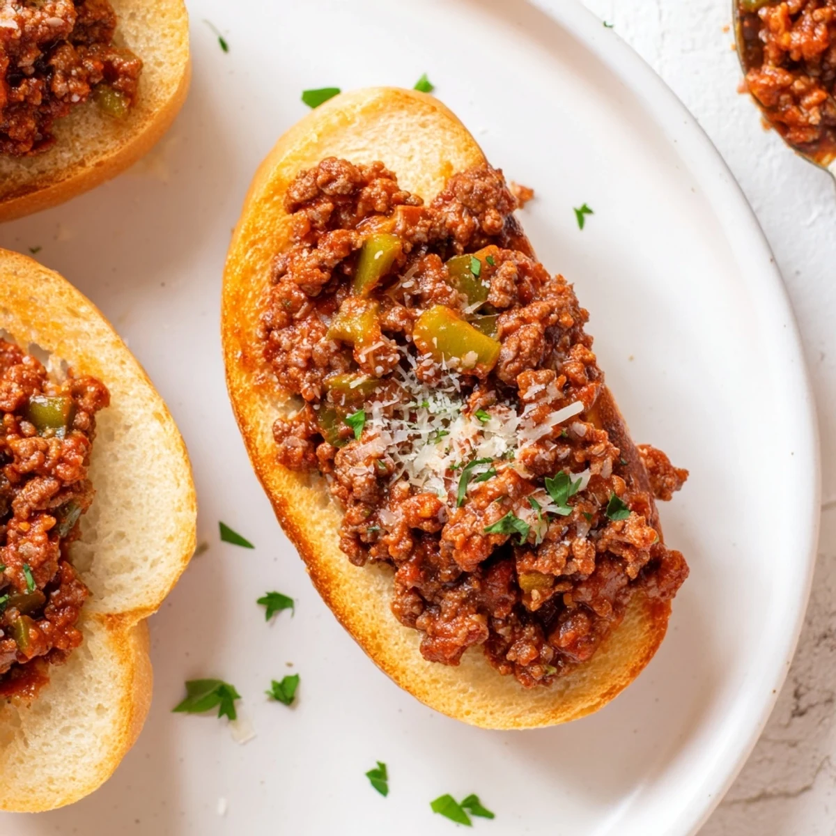 Garlic Bread Sloppy Joes with bubbling cheese, buttery crust and savory beef