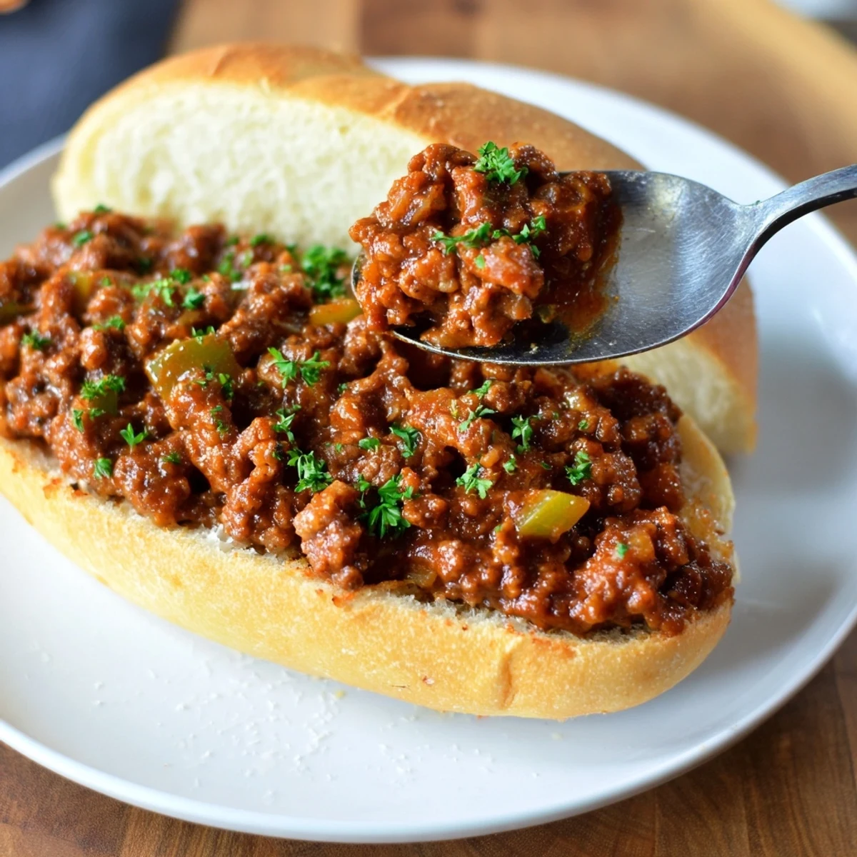 Oven-hot Garlic Bread Sloppy Joes piled, sticky tomato glaze, crisp edges