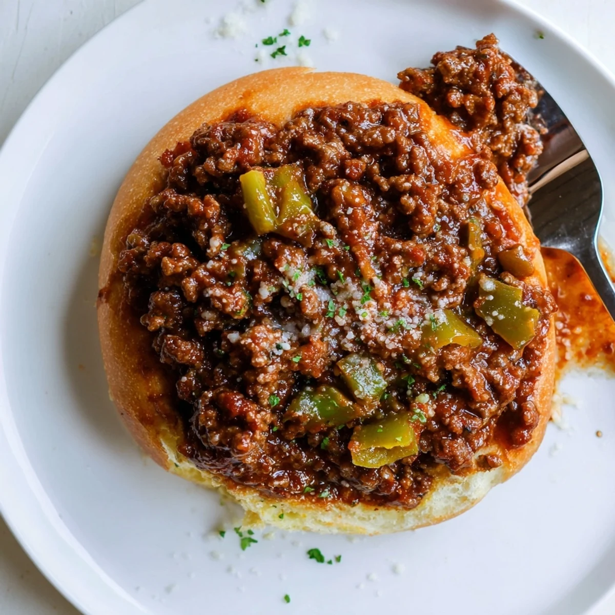 Family-style Garlic Bread Sloppy Joes sliced for sharing, fragrant herbs, melty cheese