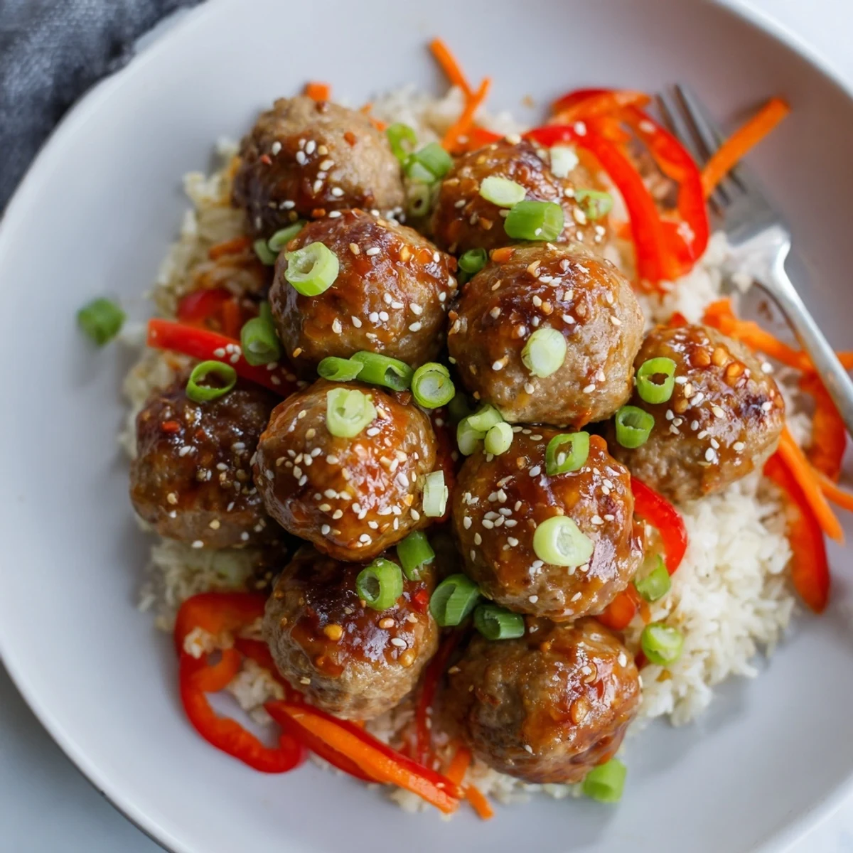 Plated Hello Fresh Firecracker Meatballs with crisp sauteed vegetables and sesame seeds