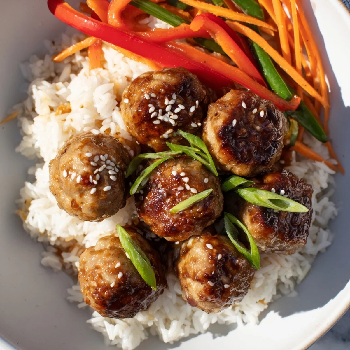 Hello Fresh Firecracker Meatballs glazed and glossy, served over fluffy jasmine rice
