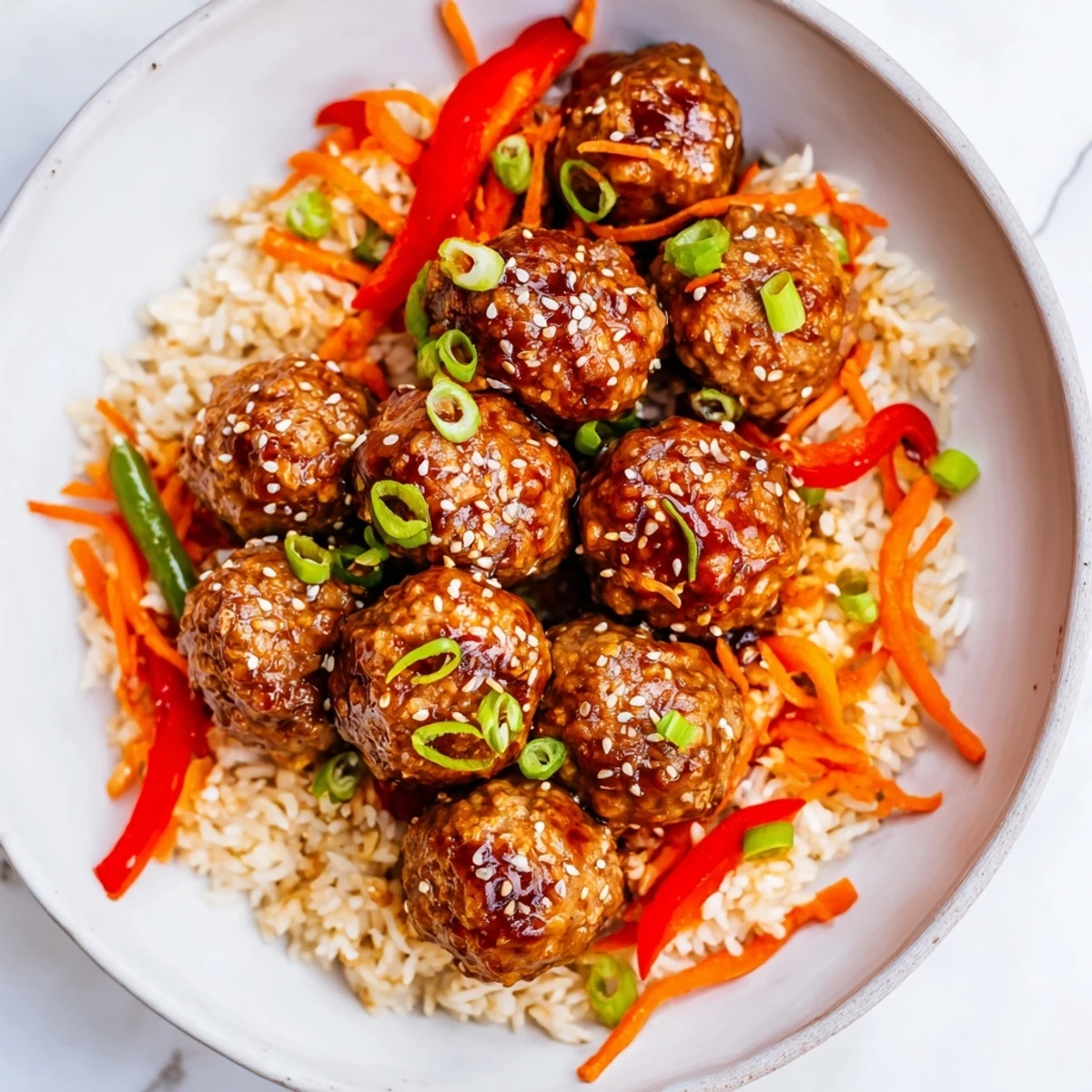 Weeknight Hello Fresh Firecracker Meatballs tossed in fiery sweet sauce, garnished with scallions