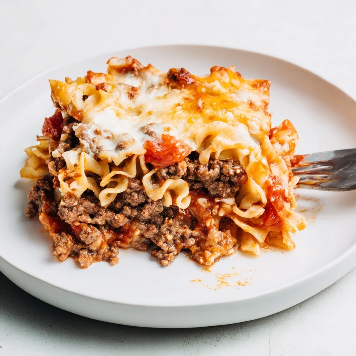 Beef Lombardi Casserole bubbling golden, cheesy top with fork-ready noodles