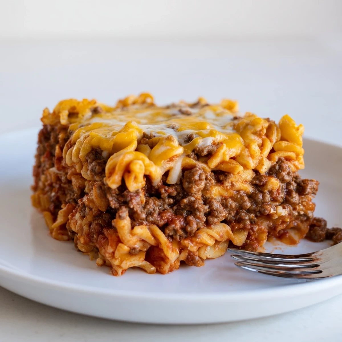 Sliced Beef Lombardi Casserole on plate with salad and crusty bread