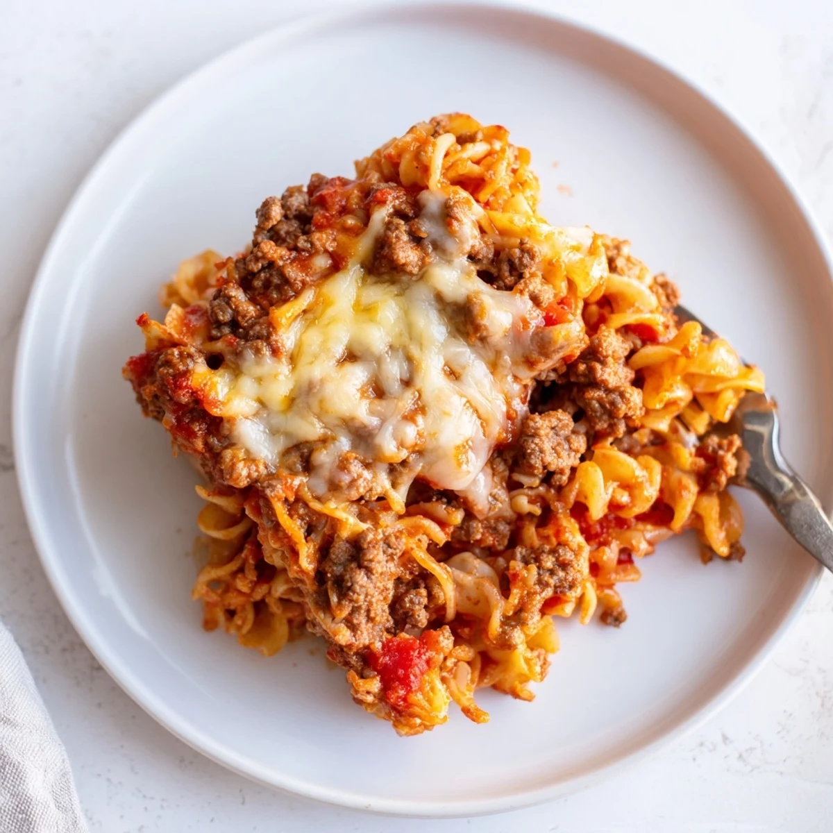 Family-style Beef Lombardi Casserole steaming, savory beef, creamy cottage cheese layers