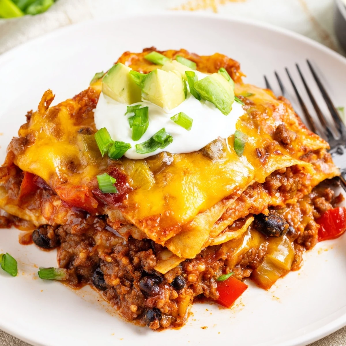 Family-style Beef Skillet Enchiladas topped with avocado, sour cream, and scallions.