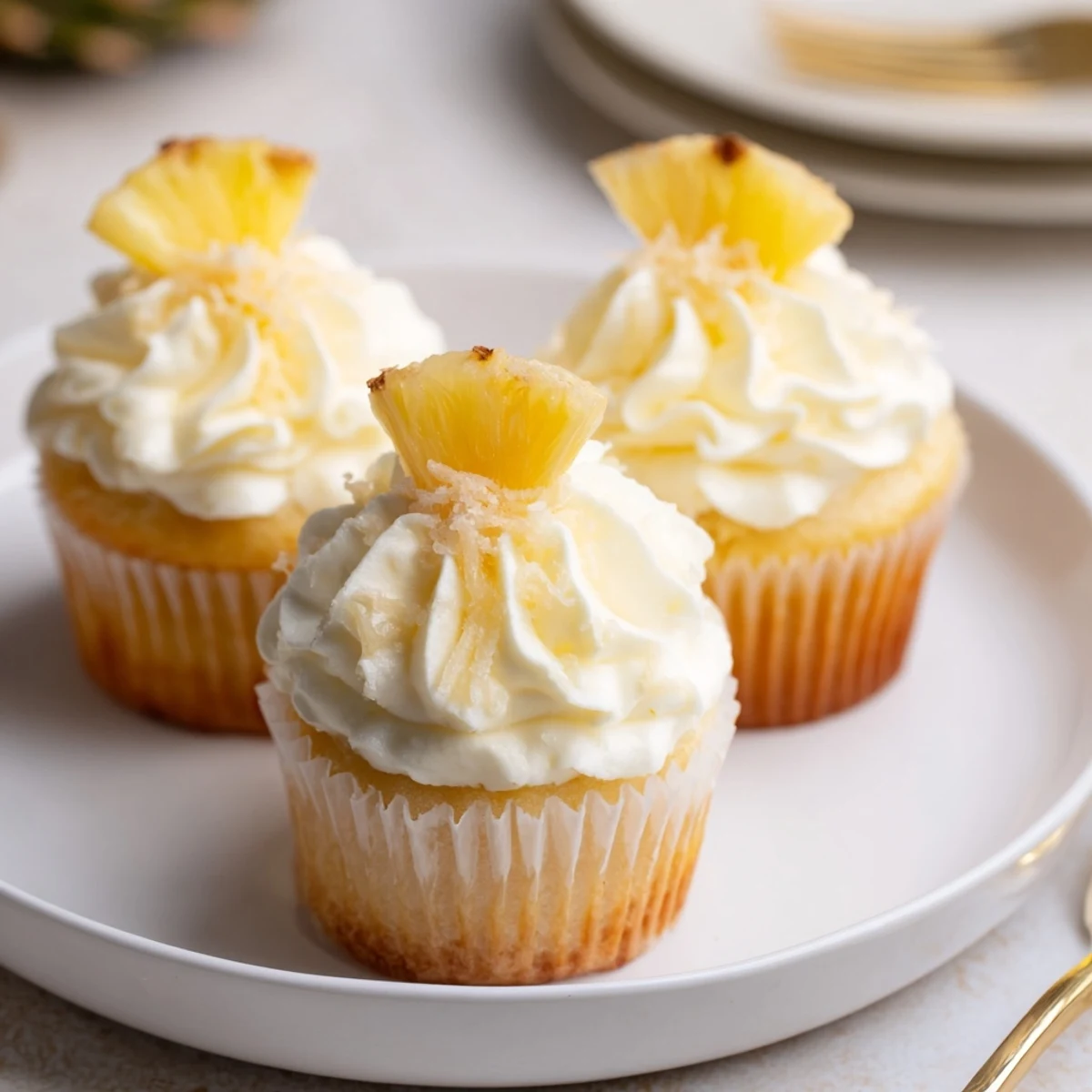 Creamy Dole Whip Cupcakes Recipe topped with dried pineapple and cherry