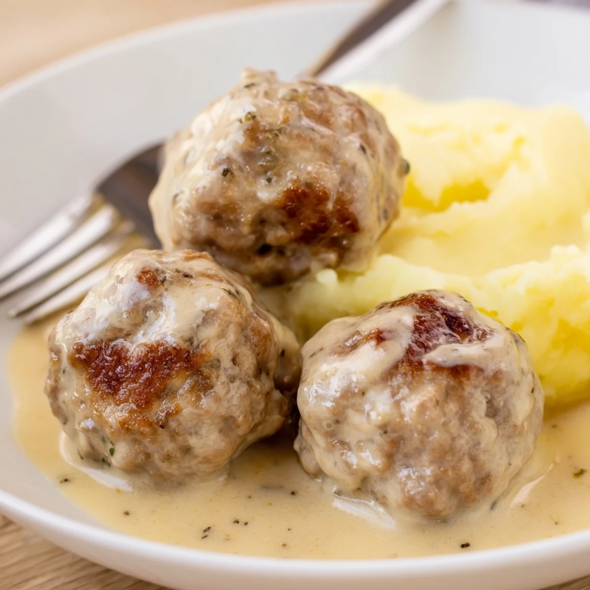 Homemade Ikea Meatballs simmered in creamy gravy, served over mashed potatoes.