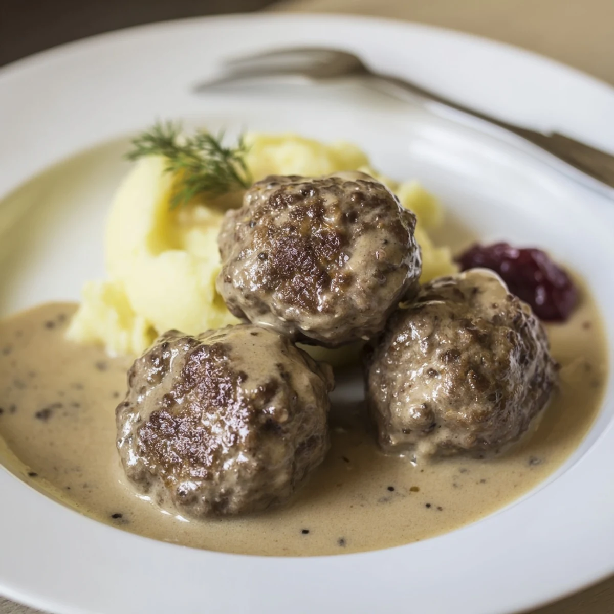 Warm Homemade Ikea Meatballs, golden-browned and fragrant, plated with lingonberry jam.