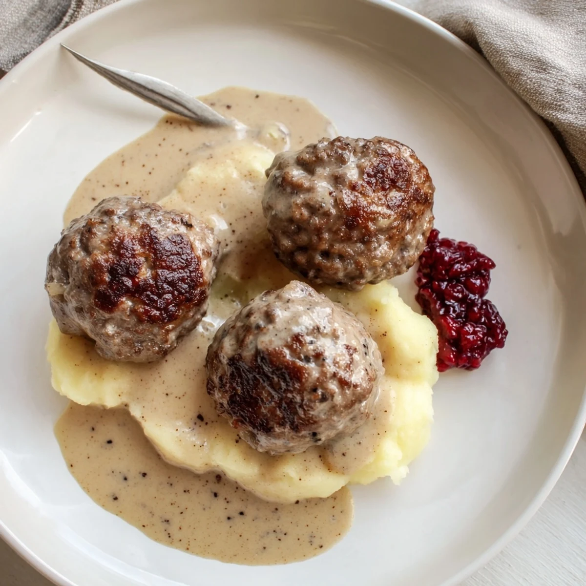 A skillet of Homemade Ikea Meatballs coated in velvety cream sauce, steaming.