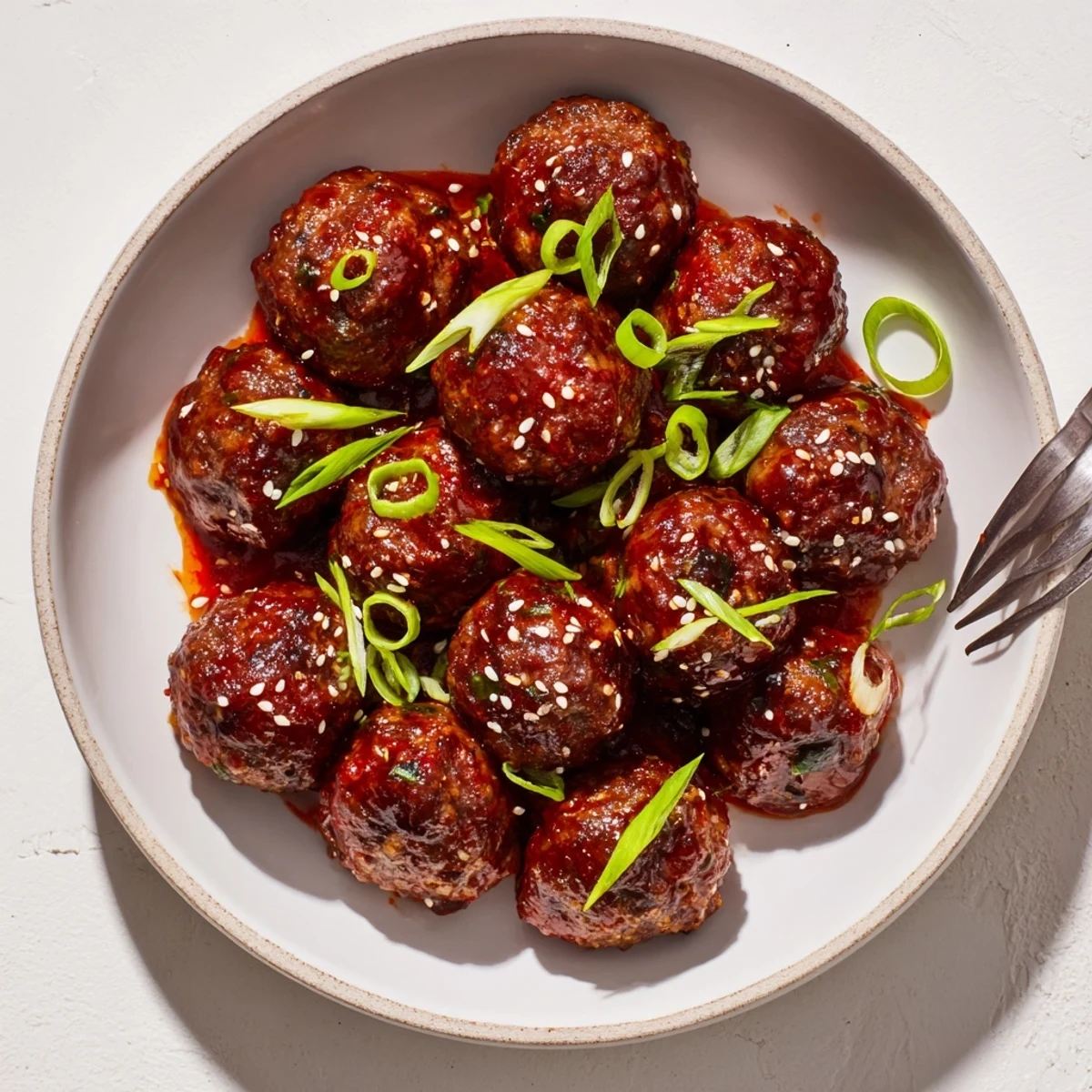 Bowl of Firecracker Meatballs glazed in glossy red sauce, sesame seeds