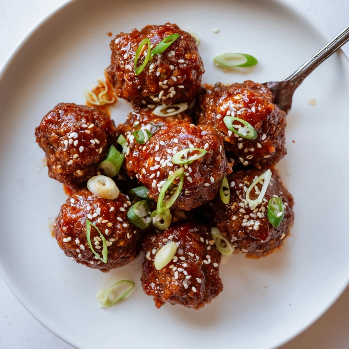Close up of Firecracker Meatballs steaming, sticky sweet heat, served over rice