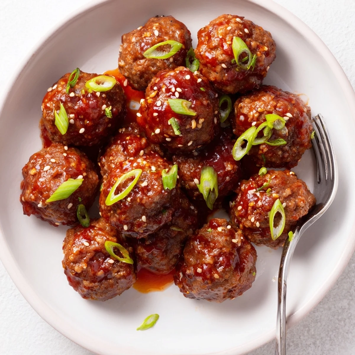 Skewered Firecracker Meatballs tossed in spicy tangy sauce, garnished with sliced scallions