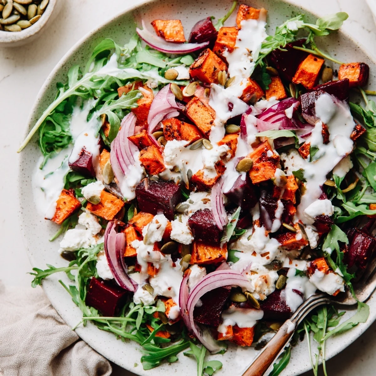 Creamy Roasted Beet Salad With Sweet Potato Feta served warm with tangy yogurt dressing.