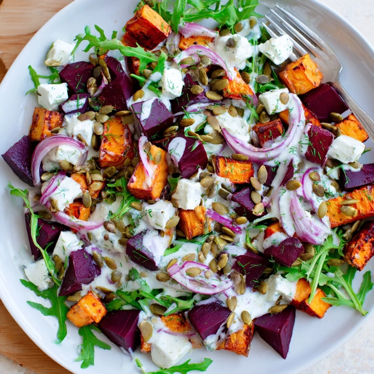 Creamy Roasted Beet Salad With Sweet Potato Feta tossed in lemony yogurt dressing.