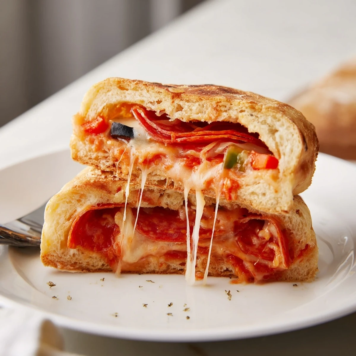 Hot Pie Iron Pizza Pockets sliced open, steam rising, ready to share with friends.