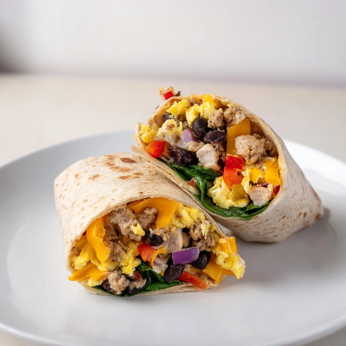 Protein Breakfast Burrito with melted cheddar, turkey, spinach, served with salsa.