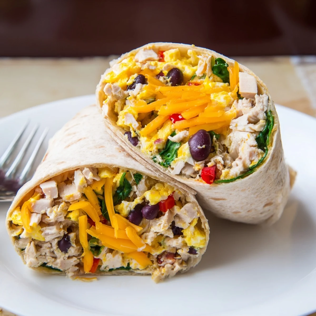 Warm Protein Breakfast Burrito overflowing with scrambled eggs, black beans, avocado.