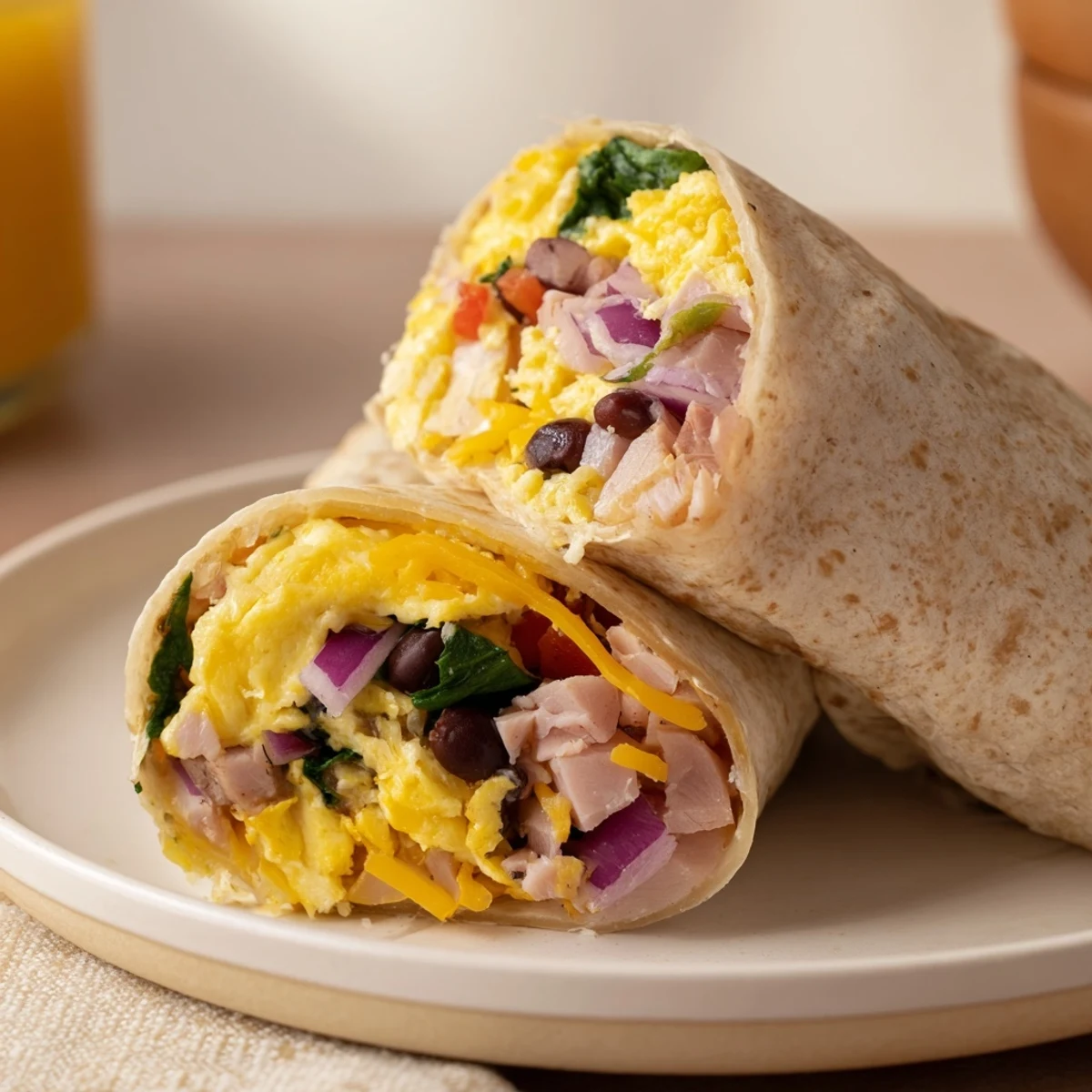 Close-up Protein Breakfast Burrito cut in half, steaming, ready to eat.